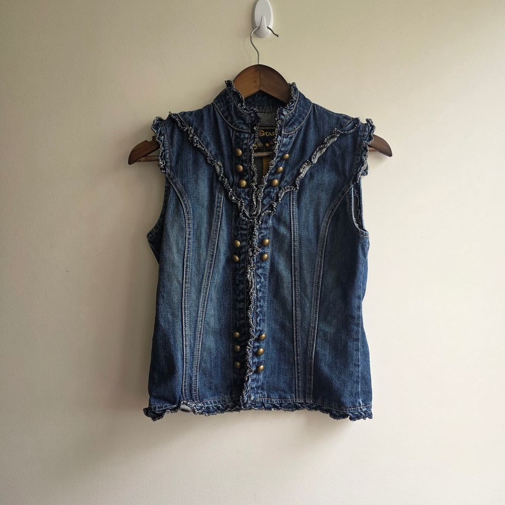 Star Jeans Vintage Y2K Military Denim Vest Ruffle Brass Button Medium Wash M